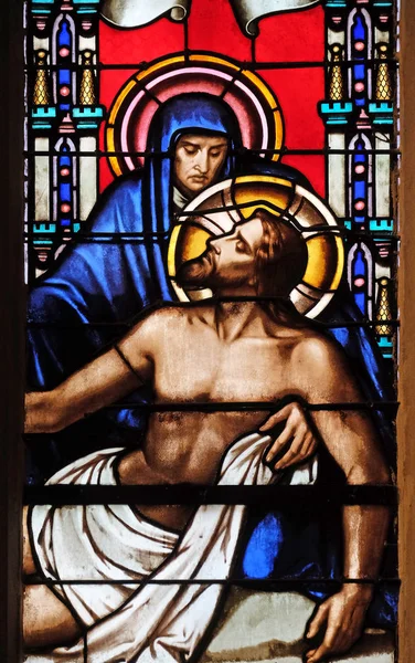 Deposition Cross Stained Glass Window Saint Germain Auxerrois Church Paris — Stock Photo, Image