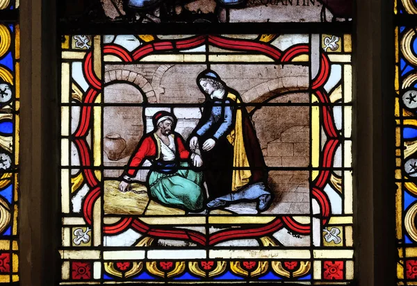 Saint Vincent Paul Helps Prisoner Stained Glass Window Saint Germain — Stock Photo, Image