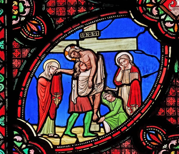 Kreuzabnahme Kirchenfenster Aus Der Kirche Saint Germain Auxerrois Paris Frankreich — Stockfoto