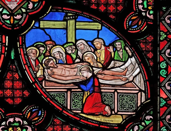 Entombment Christ Stained Glass Window Saint Germain Auxerrois Church Paris — стоковое фото