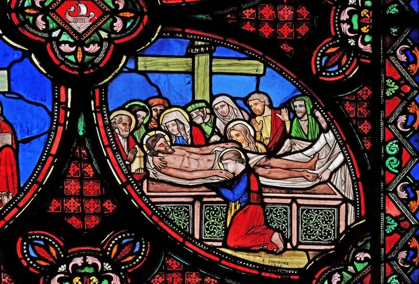 Entombment Christ Stained Glass Window Saint Germain Auxerrois Church Paris — стоковое фото