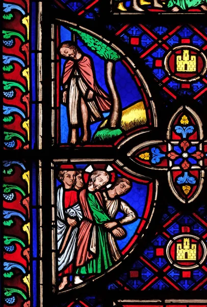 Judas Ahorca Árbol Jesús Capturado Vidriera Iglesia Saint Germain Auxerrois — Foto de Stock