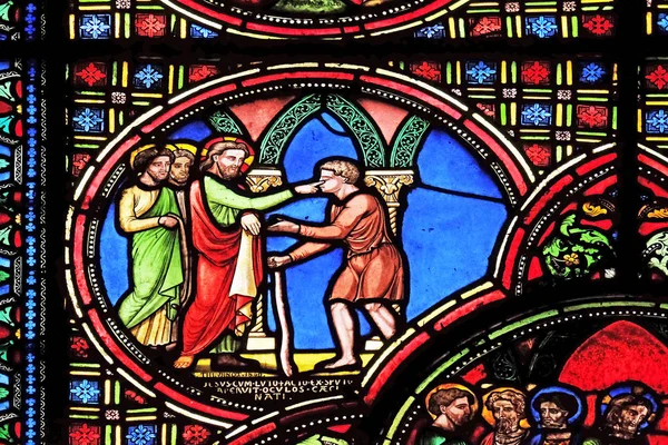 Jezus Uzdrawia Ślepiec Witraż Kościoła Saint Germain Auxerrois Paryż Francja — Zdjęcie stockowe