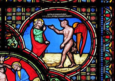 Tanrım şeytan tarafından cazip, cam pencere Saint Germain l'Auxerrois Paris, Fransa'da kilise lekeli