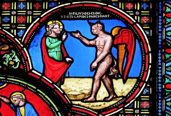 Jezus Kuszony Przez Diabła Barwione Szyby Szkła Saint Germain Auxerrois — Zdjęcie stockowe