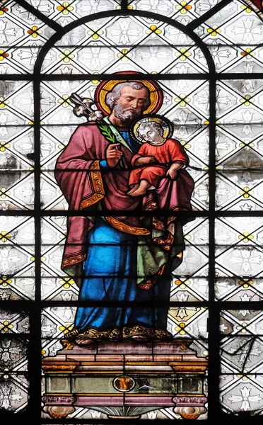 Saint Josph Hospodářství Dítě Ježíše Vitrážové Okno Bazilice Notre Dame — Stock fotografie