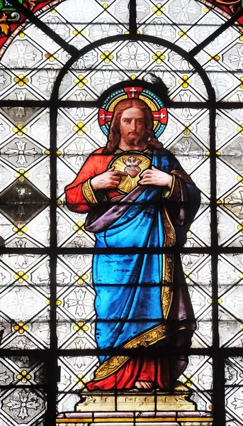 Heliga Hjärta Jesus Blyinfattade Fönster Basilica Notre Dame Des Victoires — Stockfoto