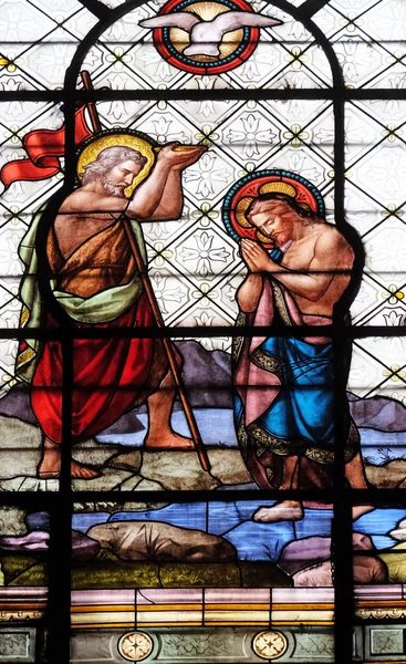 Taufe Des Christus Kirchenfenster Der Basilika Notre Dame Des Victoires — Stockfoto