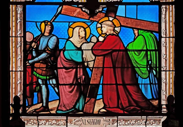 6Th Stations Cross Veronica Wipes Face Jesus Stained Glass Windows — Stock Photo, Image