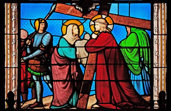 6Th Stations Cross Veronica Wipes Face Jesus Stained Glass Windows — Stock Photo, Image