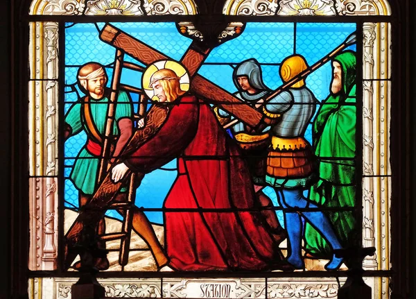 Křížová Ježíš Uveden Jeho Kříž Okna Barevného Skla Saint Eugene — Stock fotografie