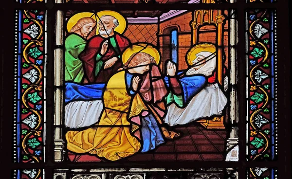 Jomfru Marias Død Glassmaleriene Sankt Eugenia Cecilia Kirke Paris Frankrike – stockfoto