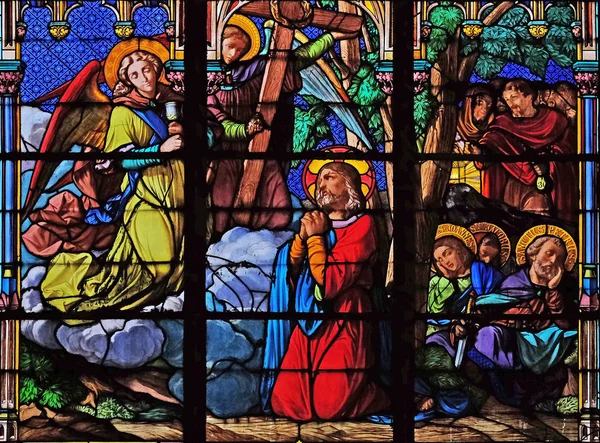 Jésus Ses Disciples Sur Mont Des Oliviers Vitraux Dans Église — Photo