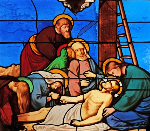 Kreuzweg Jesuskörper Vom Kreuz Entfernt Kirchenfenster Der Kirche Saint Eugene — Stockfoto