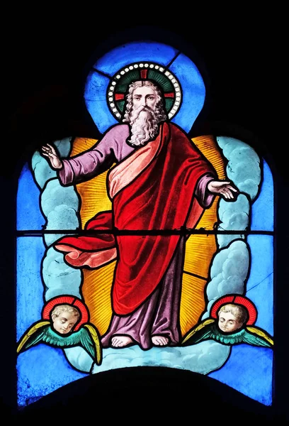God Father Stained Glass Window Church Saint Leu Saint Gilles — Stock Photo, Image