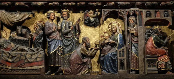 Intricately Carved Painted Frieze Notre Dame Cathedral Depicting Adoration Magi — Stock Photo, Image