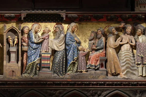Intricately Carved Painted Frieze Notre Dame Cathedral Depicting Life Jesus — Stock Photo, Image