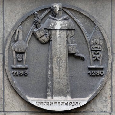 Albertus Magnus, olarak da bilinen Saint Albert büyük, bir Alman Katolik Dominik rahip ve piskopos oldu. Faculte de tıp Paris binasında taş kabartma.