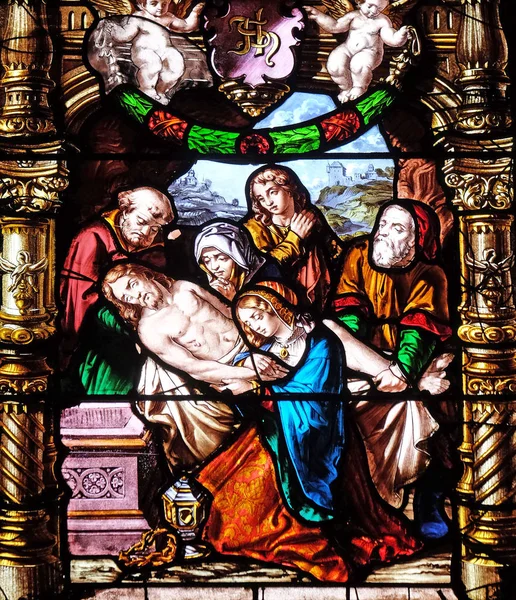 Opłakiwanie Chrystusa Witraże Saint Gervais Saint Protais Kościoła Paryż Francja — Zdjęcie stockowe