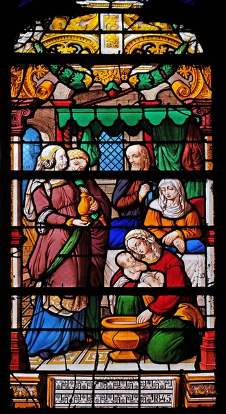 Nacimiento Virgen Vidrieras Iglesia Saint Gervais Saint Protais París Francia — Foto de Stock