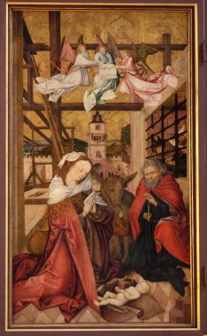 Doğum sahnesi, ana sunak Marienkapelle Wurzburg, Bavyera, Almanya