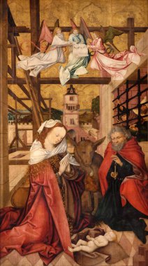 Doğum sahnesi, ana sunak Marienkapelle Wurzburg, Bavyera, Almanya