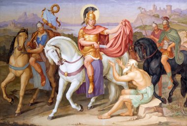 Saint Martin Tours yetişmek hırkasını bir dilenci için bir parça, fresco Saint Martin Kilisesi Unteressendorf, Almanya