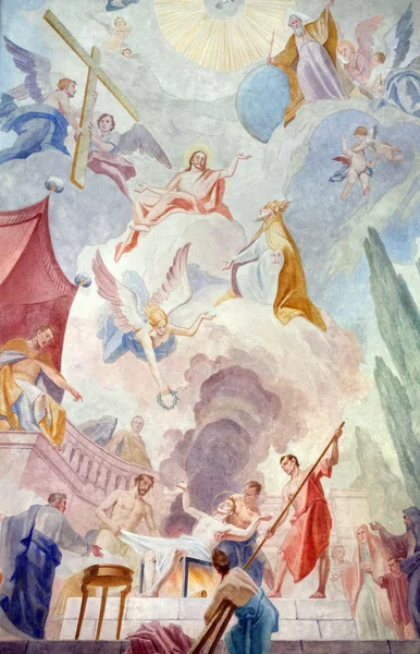 Martyrdom Saint Lawrence Ceiling Fresco Saint Lawrence Church Denkendorf Germany — Stock Photo, Image