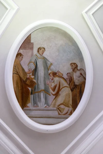 Sceny Życia Świętego Wawrzyńca Fresk Kościele Świętego Wawrzyńca Mieście Denkendorf — Zdjęcie stockowe