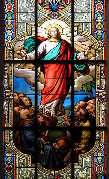 stock image Ascension of Christ, stained glass window in the Saint Nicholas Evangelical church, Aalen, Germany