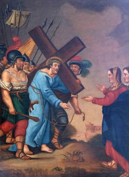 Σταθμοί Του Σταυρού Ιησούς Συναντάει Την Μητέρα Του Μαρία Εκκλησία — Φωτογραφία Αρχείου