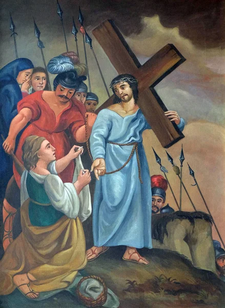Stacje Krzyża Weronika Ociera Twarz Jezusowi Maria Grunen Tal Kościół — Zdjęcie stockowe