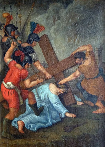 Krzyżowej Jezus Upada Raz Drugi Maria Grunen Tal Kościół Pielgrzymkowy — Zdjęcie stockowe