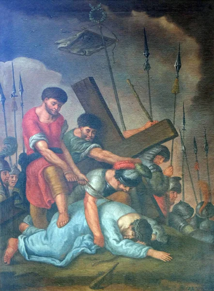 第9站的十字架 耶稣第三次下降 玛丽亚伊姆格吕宁塔尔朝圣教堂在雷茨巴赫在巴伐利亚区的主要 斯佩萨特 — 图库照片