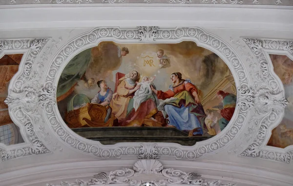 Születés Szűz Mária Freskó Attila Damian Asam Szent Márton Bazilikától — Stock Fotó