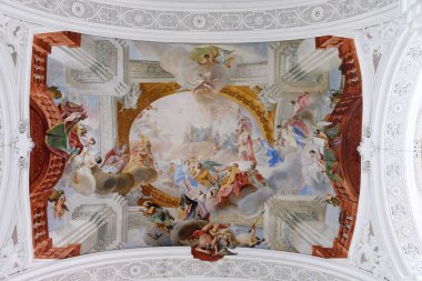 Kişileştirme Benedictine erdemleri, Aziz Benedict zafer, alıntı fresco Cosmas Damian Asam Bazilikası St Martin ve Oswald Weingarten, Almanya