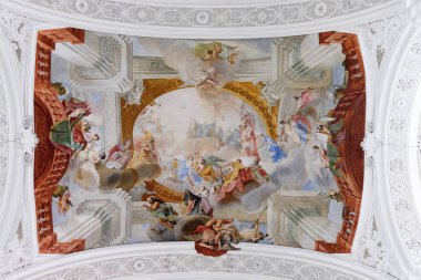 Kişileştirme Benedictine erdemleri, Aziz Benedict zafer, alıntı fresco Cosmas Damian Asam Bazilikası St Martin ve Oswald Weingarten, Almanya