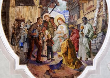 Doğum sahnesi hayranlığı tavan Magi fresco ben Saint George Kilisesi Luson, İtalya