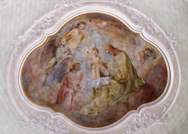 Bakire Meryem bir bebek İsa ve melekler, tavan fresco ben Saint George Kilisesi Luson, İtalya