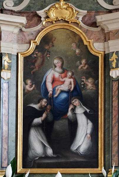 Vår Fru Rosenkransen Altartavla Saint George Kyrkan Luson Italien — Stockfoto