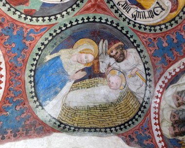 Doğum sahnesi, manastır, Santa Maria Assunta Katedrali fresk ben San Cassiano Bressanone, İtalya