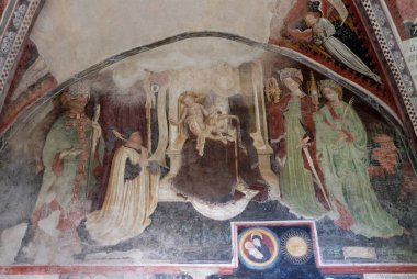 Bebek İsa ile Meryem Ana ve azizler fresco manastır, Santa Maria Assunta Katedrali ben San Cassiano Bressanone, İtalya