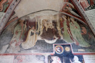 Bebek İsa ile Meryem Ana ve azizler fresco manastır, Santa Maria Assunta Katedrali ben San Cassiano Bressanone, İtalya