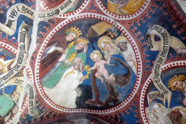 Magin Palvonta Fresko Luostarissa Santa Maria Assunta San Cassiano Katedraali — kuvapankkivalokuva