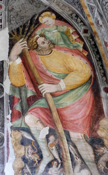 聖クリストファー ブレッサノーネ イタリアのサン カッシアーノ回廊 サンタ マリア アスンタ大聖堂のフレスコ — ストック写真