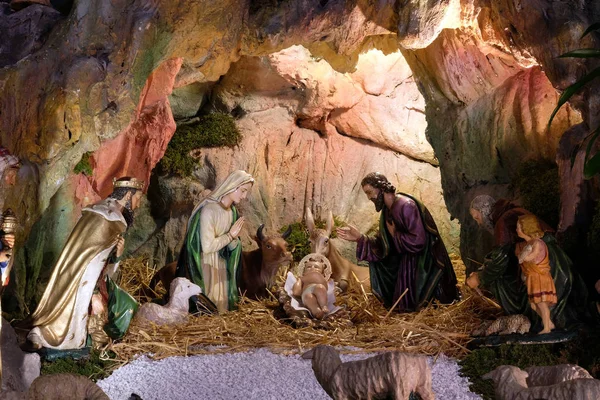 Σκηνή Nativity Χριστούγεννα Βρεφοκομικός Σταθμός Στο Άγιος Φραγκίσκος Της Ασίζης — Φωτογραφία Αρχείου