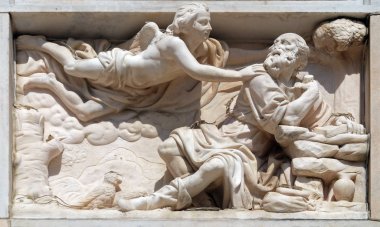 Vahşi doğada, Elijah mermer cephe üzerinde kabartma Milano Katedrali'ne, Duomo di Santa Maria Nascente, Milan, Lombardiya, İtalya