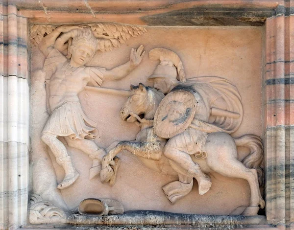 Marble relief on the facade of the Milan Cathedral, Duomo di Santa Maria Nascente, Milan, Lombardy, Italy