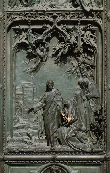 Jesus Taking His Farewell His Mother Detail Main Bronze Door — Stock Photo, Image