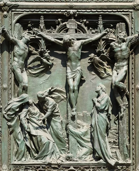 Crucifixion Detail Main Bronze Door Milan Cathedral Duomo Santa Maria — Stock Photo, Image